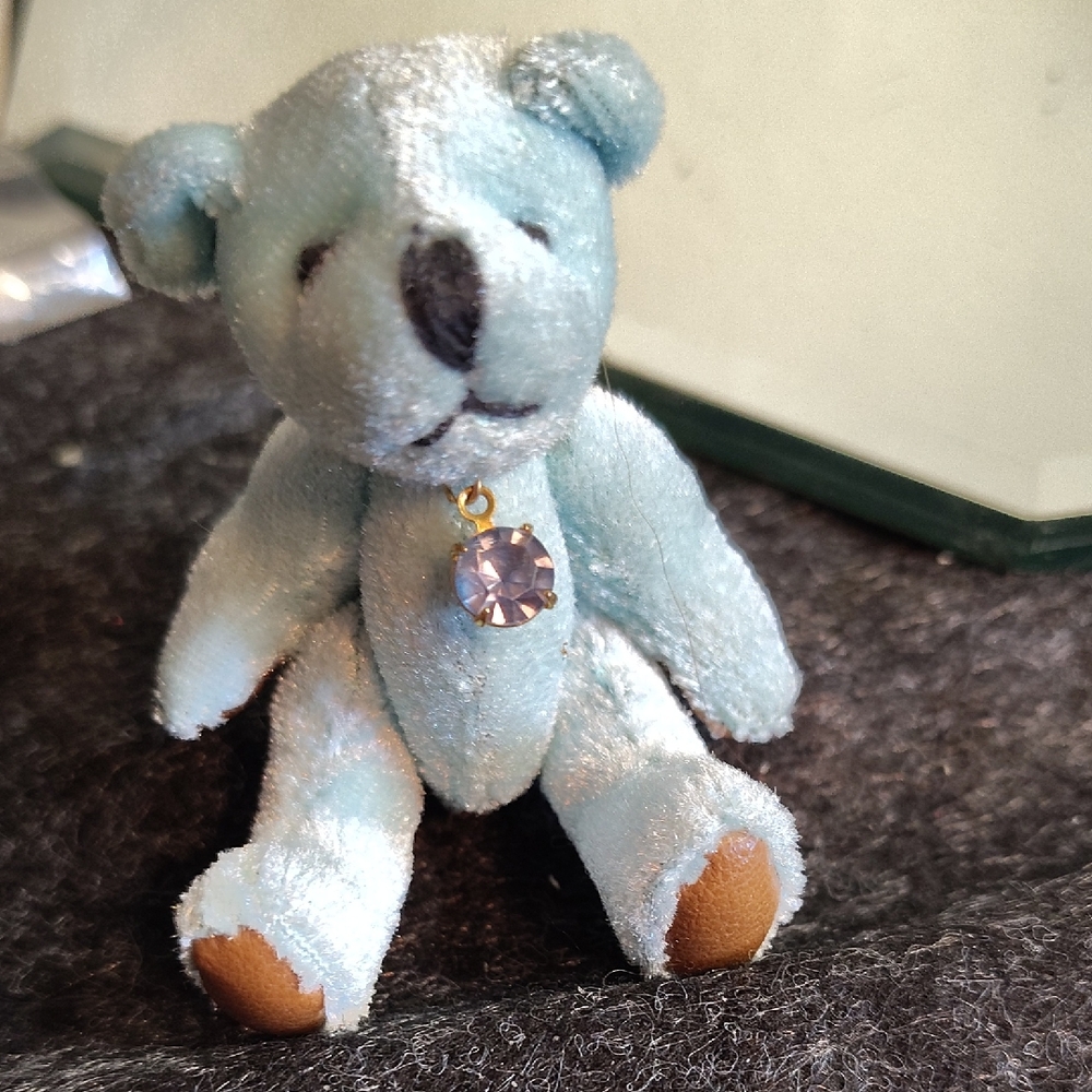 Vintage Russ Berrie Miniature Birthstone Plush Blue Teddy Bear with Gem Pendant